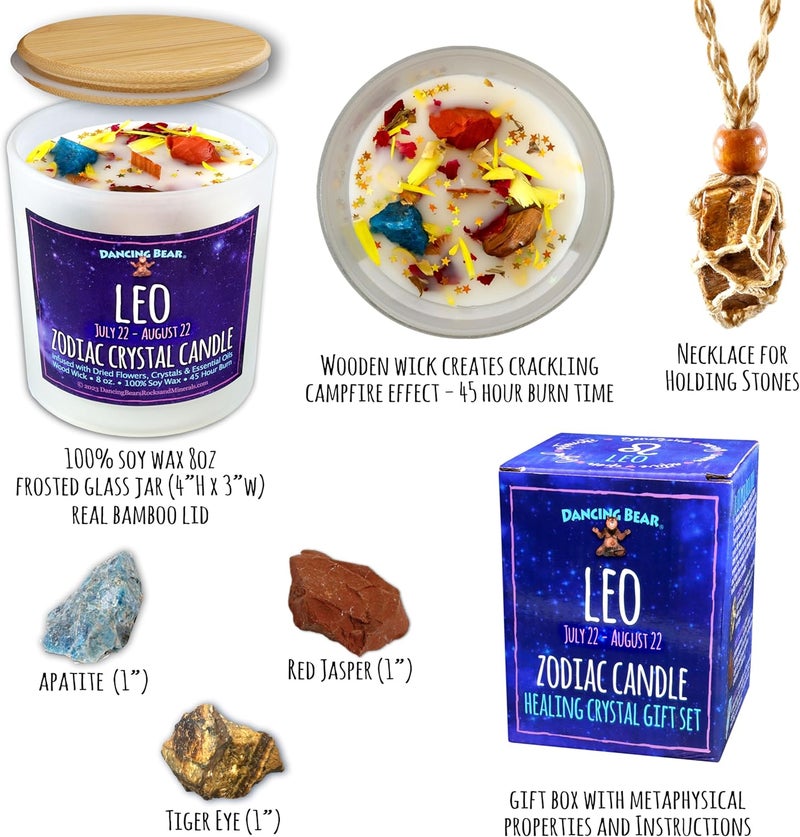 Dancing Bear Leo Zodiac Candle Gift Box Set with 3 Healing Crystals & Stone Holder Necklace, 100% Soy Scented Wax, Crackling Wood Wick, 45 Hour Burn Time - Image 3
